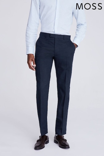 MOSS Slim Fit Blue Navy Matt Linen Trousers (N02496) | £100