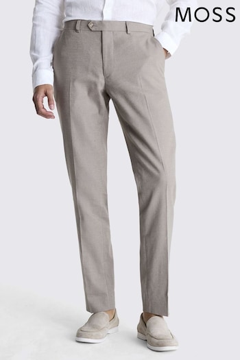 MOSS Slim Fit Taupe Matte Linen Grey Trousers (N02523) | £100
