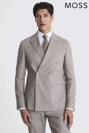 MOSS Slim Fit Taupe Matte Linen Double Breasted Grey Jacket (N02524) | £159