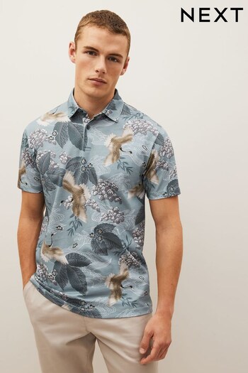 Blue Crane Bird Print Polo Shirt (N02628) | £28