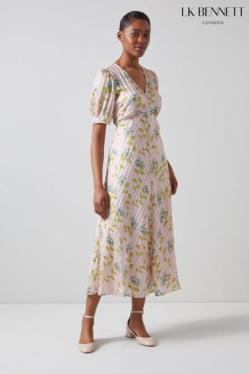 LK Bennett Pink Leith Valerian Flower Silk Metallic Stripe Dress (N02674) | £529