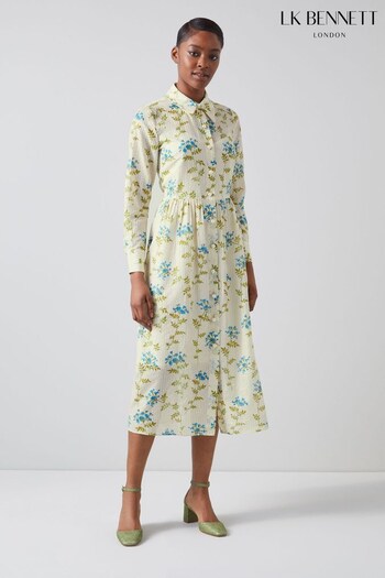 LK Bennett Cream Lotte Valerian Floral Print Metallic Cotton-Silk Shirt Dress (N02677) | £399