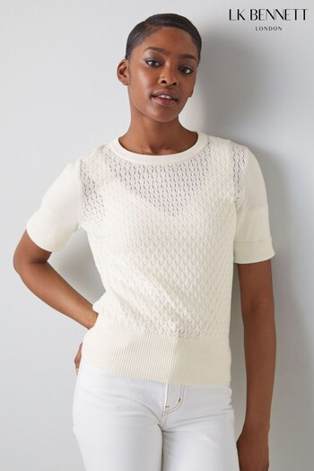 LK Bennett Lila Organic Cotton Pointelle Knit Ivory White Top (N02678) | £139