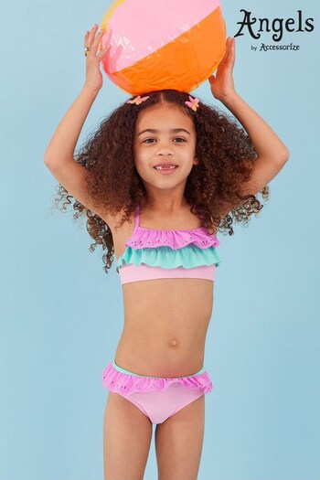 Angels By Accessorize Kids Pink Laser Cut Ruffle Bikini Set with Recycled Polyester (N02768) | £16 - £17