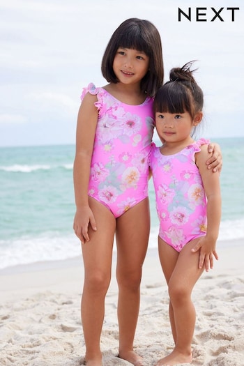 Pink Floral Frill Sleeve Swimsuit (3mths-12yrs) (N02771) | £12 - £16