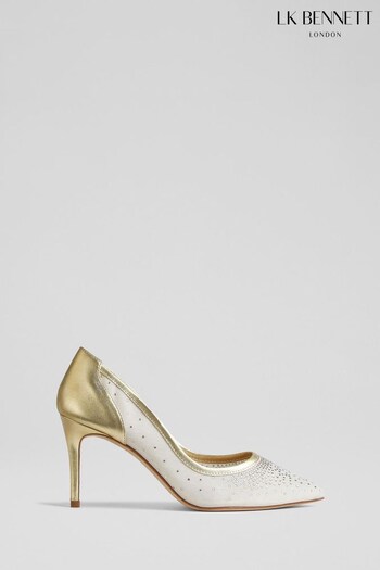 LK Bennett Natural Liberty Gold Leather And Crystal Mesh Courts (N02785) | £349