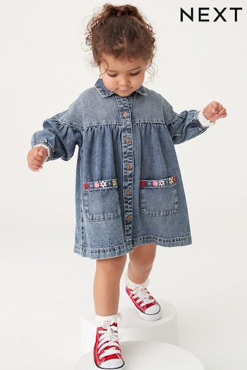 Blue Denim Embroidered Cotton Shirt Dress (3mths-8yrs) (N02818) | £15 - £18