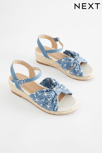 Blue Denim Flower Embroidered Bow Wedges Sandals (N04348) | £23 - £30