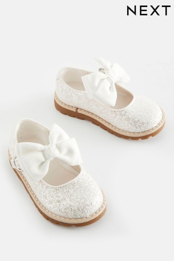 White Glitter Bow Mary Jane Bow Shoes (N04540) | £22 - £24