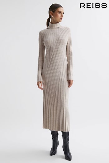 Reiss Neutral Cady Fitted Knitted Midi Dress (N04561) | £188