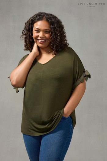 Live Unlimited Curve -Khaki Green Viscose Texture Tie Sleeve Top (N04581) | £49