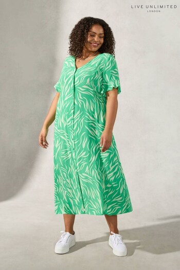 Live Unlimited Green Zebra Print Shirred Waist Midi Dress (N04589) | £79