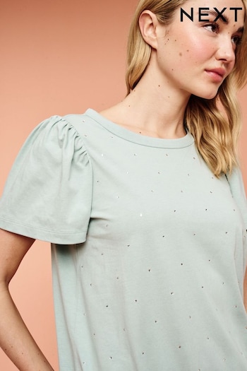 Sage Green 100% Cotton Short Sleeve Sparkle Jersey Bubblehem Top (N04616) | £18