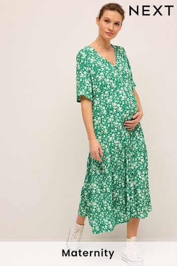 Green Floral Maternity Angel Sleeve Dress (N04796) | £36