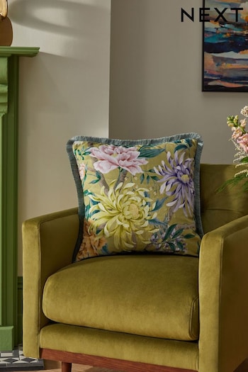 Chartreuse Yellow Velvet Floral Fringe Cushion (N04942) | £20