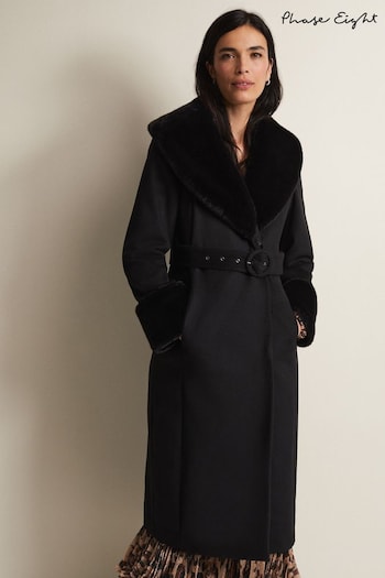 Phase Eight Zylah Faux Fur Collar Wool Long Black Coat (N04962) | £289