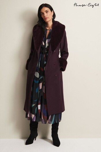 Phase Eight Purple Zylah Faux Fur Collar Wool Smart Coat (N04967) | £289