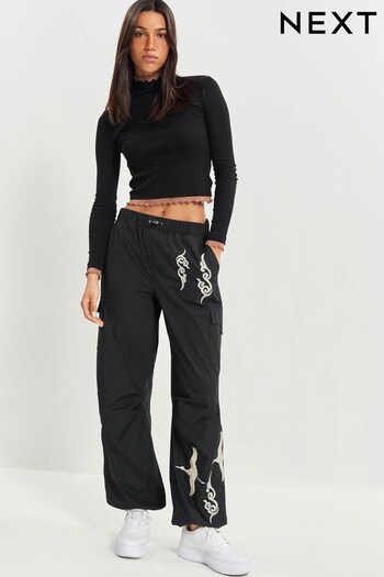 Black Embroidery Parachute Cotton Cargo Trousers (N04971) | £42