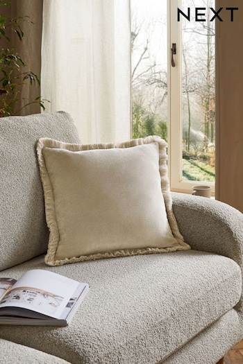 Stone Natural Soft Velour Fringe Cushion (N05005) | £12