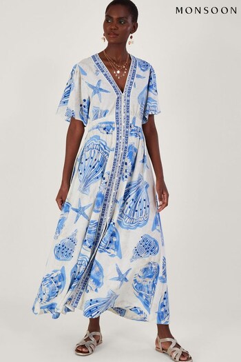 Monsoon Natural Shell Print Maxi Kaftan Dress in Linen Blend (N05030) | £99