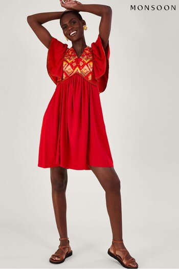 Monsoon Red Embroidered Ruffle Sleeve Jersey Dress (N05040) | £80