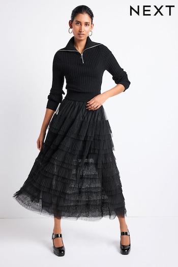 Black Mesh Tulle Midi Skirt (N05106) | £58