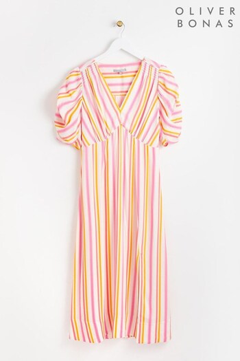 Oliver Bonas Orange Striped V-Neck Midi Dress (N05174) | £79.50