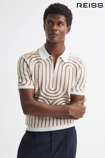 Reiss White/Taupe Maycross Half-Zip Striped Hoodies Polo T-Shirt (N05354) | £110