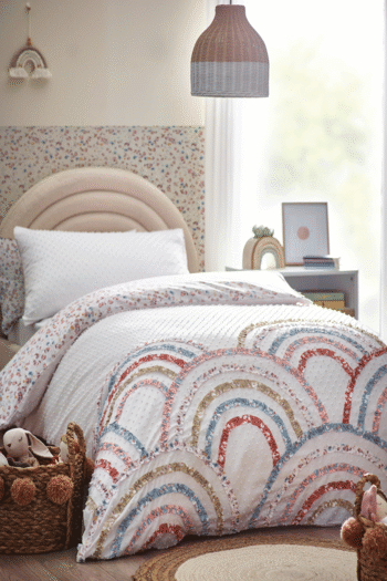 White Textured Floral Rainbow Ruffle Duvet Cover and Pillowcase Set (N05383) | £34 - £46