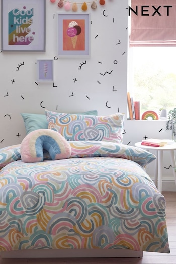 Teal Blue Abstract Rainbow Printed Polycotton Duvet Cover and Pillowcase Bedding (N05397) | £15 - £22