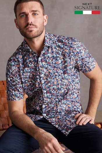 Blue Floral Signature Made In Italy Texta Print Short Sleeve Shirt (N05626) | £42