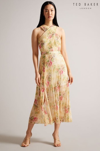 Ted Baker Natural Amerah Tan Cross Front Pleated Midi Dress (N05816) | £225