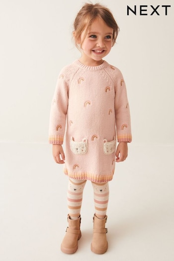 Ecru Cream Marl Jumper Dress animal and Tights Set (3mths-7yrs) (N05846) | £24 - £28