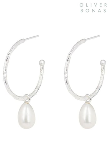 Oliver Bonas Silver Maya Pearl Charm Drop Silver Hoop Earrings (N06220) | £45