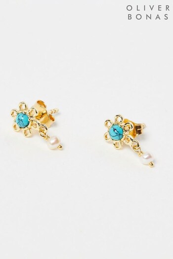 Oliver Bonas Blue Berry Flower Stone Charm Pearl Drop Stud Earrings (N06403) | £38