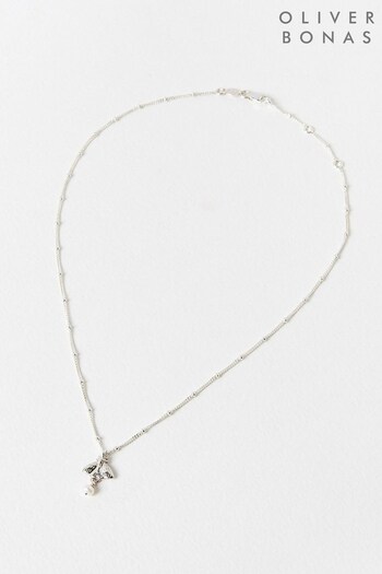 Oliver Bonas Blossom Moth Charm & Pearl Drop White Necklace (N06414) | £55