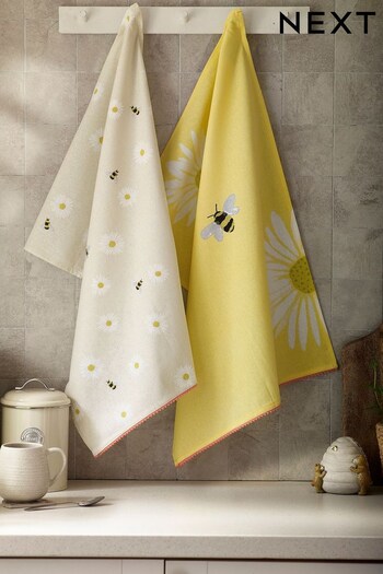 Yellow Bee And Daisy Tea Towels Set of 2 (N06422) | £10