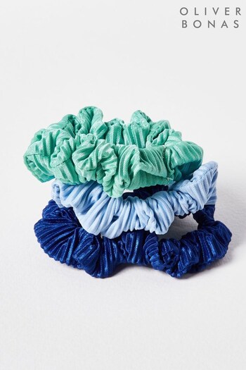 Oliver Bonas Blue Laurel Ruched Hair Scrunchies 3 Pack (N06576) | £16