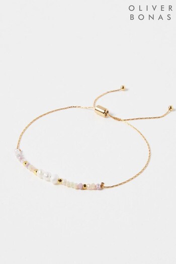 Oliver Bonas Gold Tone	Dahlia Bead & Pearl Fine Chain Bracelet (N06578) | £18