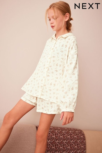 Neutral Floral Print Button Through Short Pyjamas (6-16yrs) (N06652) | £24 - £31