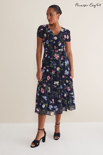 Phase Eight Blue Lola Floral Tiered Midi Dress (N06741) | £139