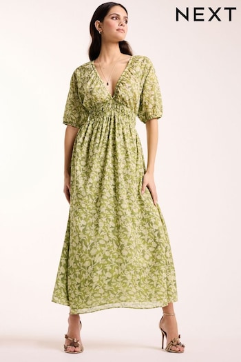 Green 100% Cotton Shirred Maxi Dress Baumwolle (N07099) | £42