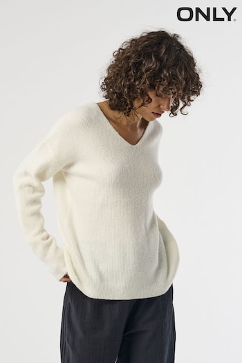 ONLY White V-Neck Puff Sleeve Knitted Jumper (N07173) | £30