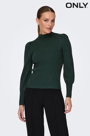 ONLY Green High Neck Puff Sleeve Knitted Jumper Top (N07174) | £30