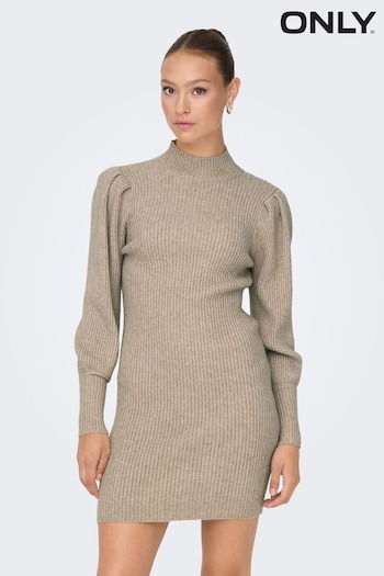 ONLY Brown Puff Sleeve Knitted Jumper ruch Dress (N07176) | £36