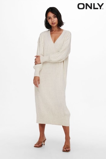 ONLY Cream Oversized V-Neck Knitted Ribbed Midi Dress (N07178) | £32