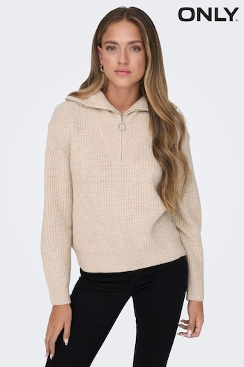 ONLY Cream Quarter Zip Knitted Jumper with Wool Blend (N07179) | £42