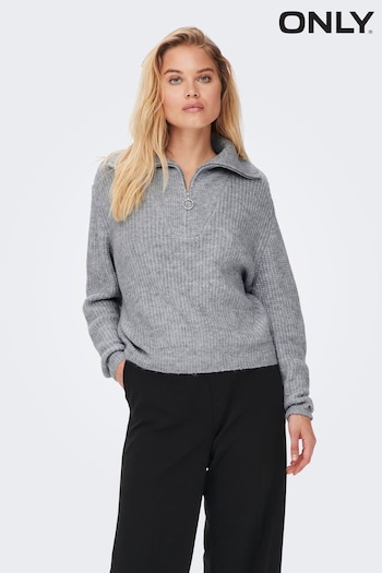 ONLY Grey Quarter Zip Knitted Jumper with Wool Blend (N07180) | £42
