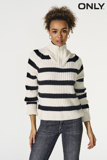 ONLY Cream Stripe Quarter Zip Knitted Jumper with Wool Blend (N07182) | £38
