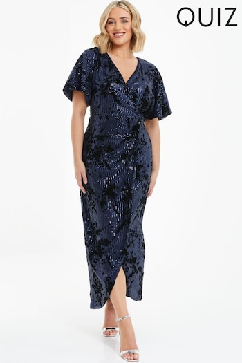 Quiz Blue Curve Flock Batwing Wrap Maxi Dress (N07208) | £55